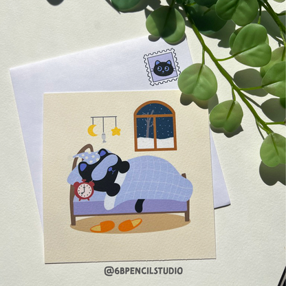 Cozy Cat Sleeping Art Print - Adorable Bedtime Illustration with Starry Night and Alarm Clock / Post Card - 5'' x 5''