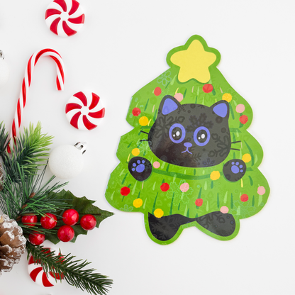 Black Cat Christmas Tree Folded Greeting Card with Envelope – Cute Holiday Postcard for Cat Lovers