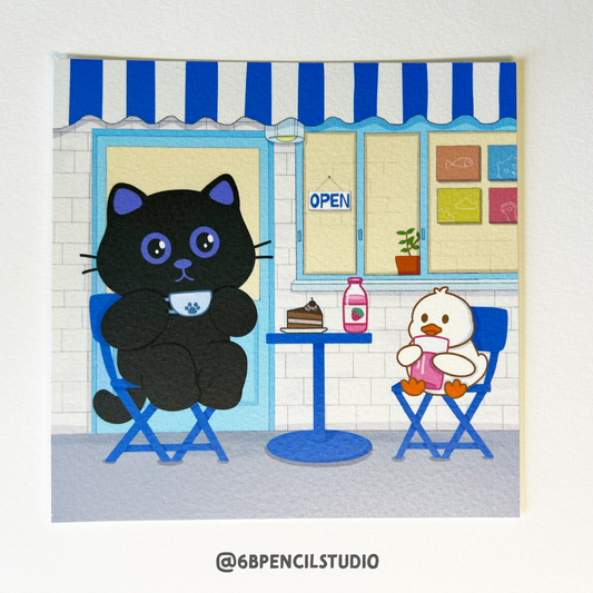 Cute Cat Afternoon Tea Time Art Print / Post Card - 5'' x 5''