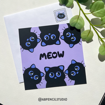 Adorable Black Cat 'MEOW' Art Print - Cute Black Cat Wall Art Print / Post Card - 5'' x 5''