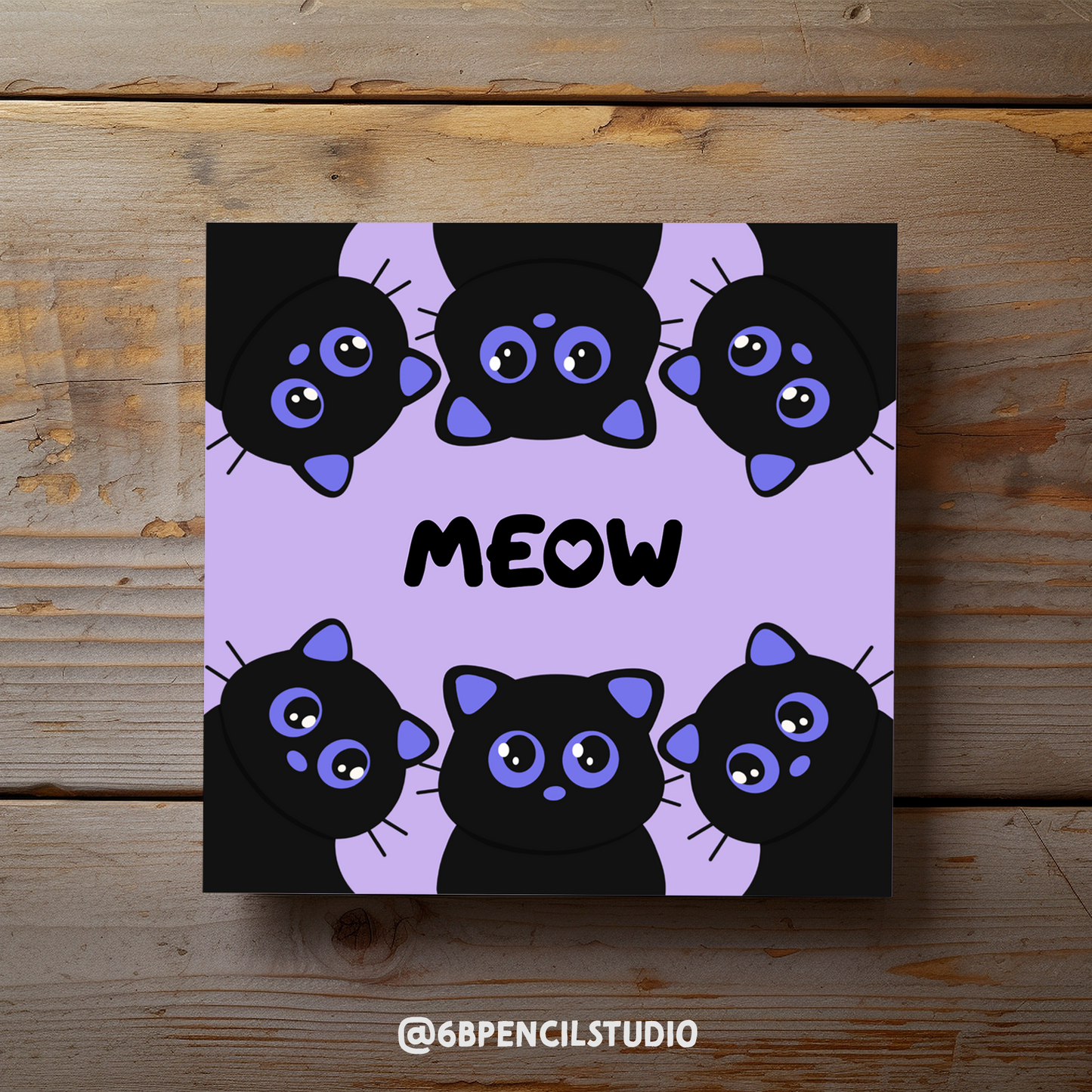 Adorable Black Cat 'MEOW' Art Print - Cute Black Cat Wall Art Print / Post Card - 5'' x 5''