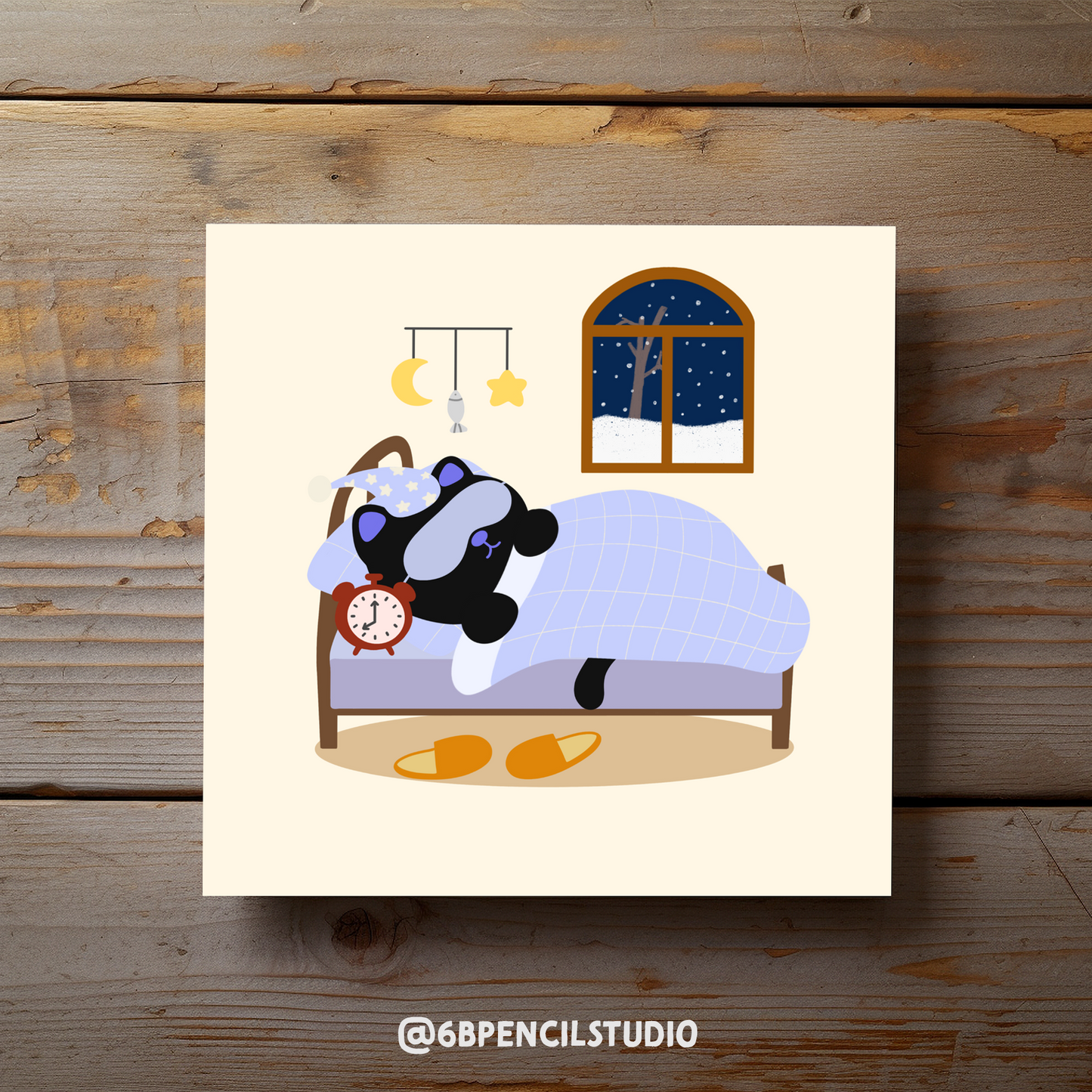 Cozy Cat Sleeping Art Print - Adorable Bedtime Illustration with Starry Night and Alarm Clock / Post Card - 5'' x 5''