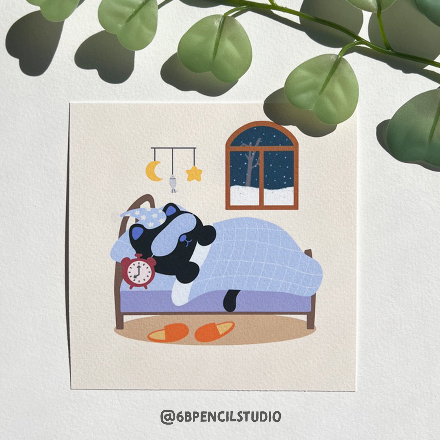 Cozy Cat Sleeping Art Print - Adorable Bedtime Illustration with Starry Night and Alarm Clock / Post Card - 5'' x 5''