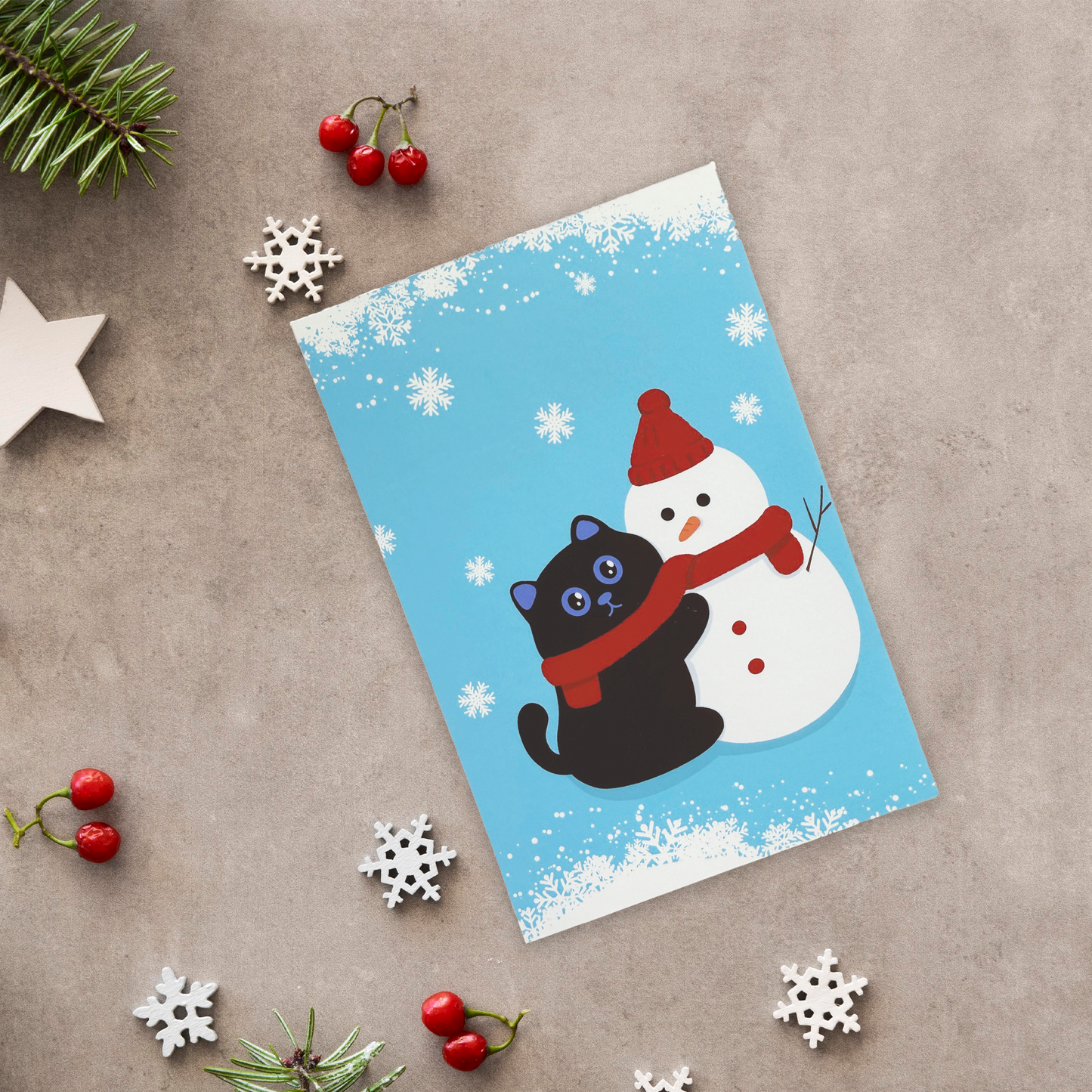 Black Cat and Snowman Christmas Postcard with Envelope – Cute Holiday Postcard for Cat Lovers