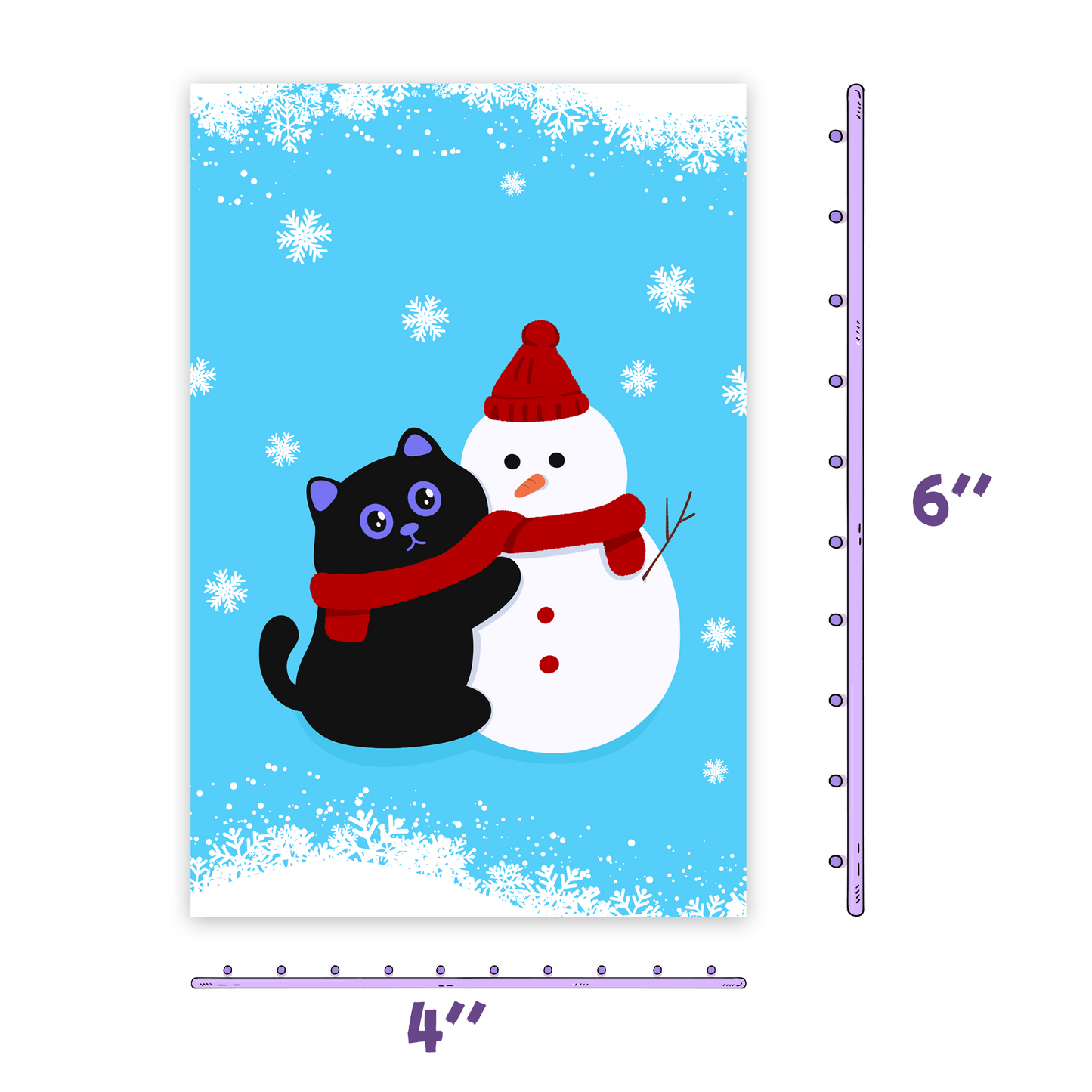 Black Cat and Snowman Christmas Postcard with Envelope – Cute Holiday Postcard for Cat Lovers