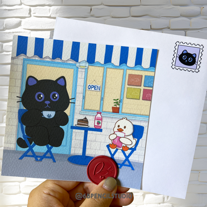 Cute Cat Afternoon Tea Time Art Print / Post Card - 5'' x 5''