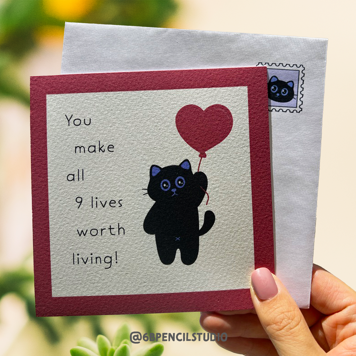 Adorable Black Cat Art Print - 'You Make All 9 Lives Worth Living' - Cute Cat Illustration with Heart Balloon / Post Card - 5'' x 5''