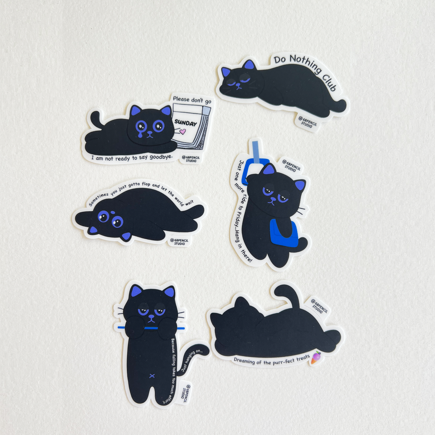 Tomo Cat - Lazy Vibes Black Cat Small Sticker Pack (Pack of 6)