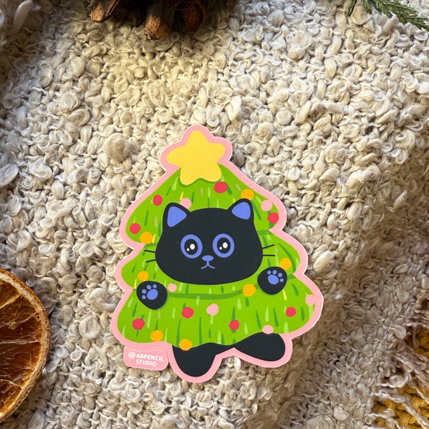 Tomo Cat - Christmas Tree Black Cat Sticker  - Black Cat Sticker