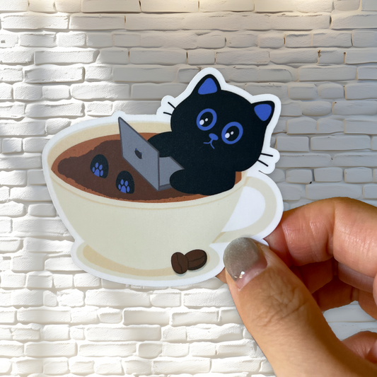 Tomo Cat - Working Cat in Coffee Cup Sticker – Cozy Caffeine Lover’s