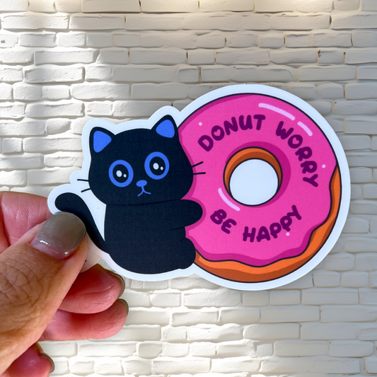 Tomo Cat - Donut Worry, Be Happy Sticker - Black Cat Sticker