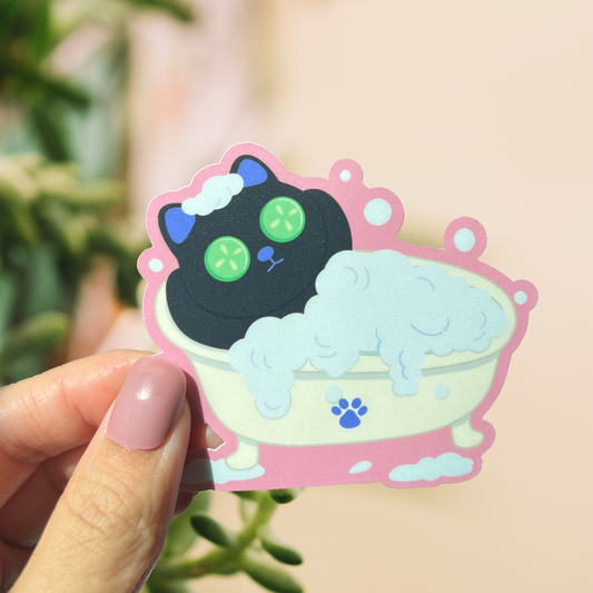 Tomo - Relaxing Cat in Bubble Bath Sticker - Black Cat Sticker