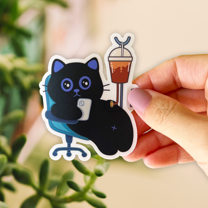 Tomo Cat - Caffeinated Cat IV Sticker - Coffee on the Go! - Lazy Black Cat Sticker