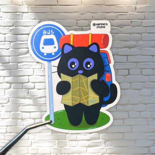 Tomo - Travel Series - at the Bus Stop - Black Cat Sticker