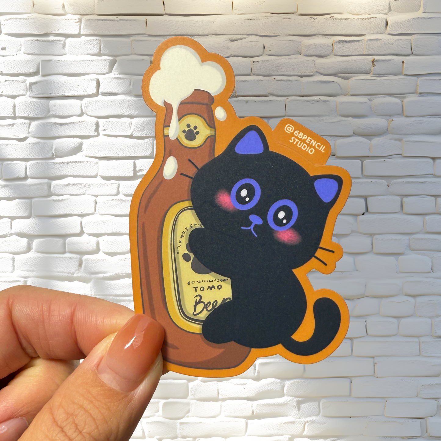 Tomo Cat - Black Cat with Beer Sticker - Black Cat Sticker