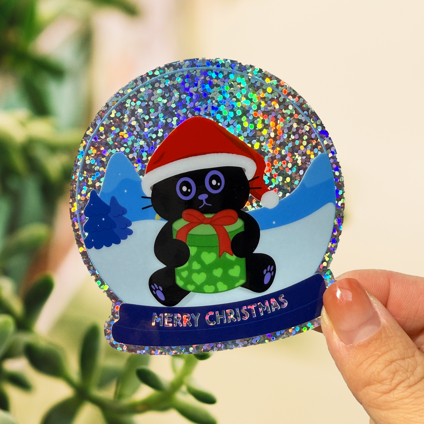 Tomo Cat - Christmas Snow Globe Glitter Sticker  - Black Cat Sticker