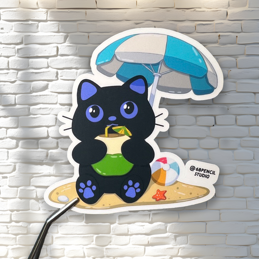 Tomo - Travel Series - Beach Time - Black Cat Sticker