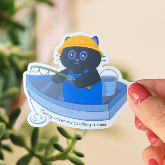 Tomo Cat - Black Cat Fishing Sticker | Cute Cat in Boat - Black Cat Sticker