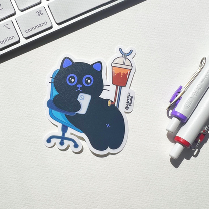 Tomo Cat - Caffeinated Cat IV Sticker - Coffee on the Go! - Lazy Black Cat Sticker