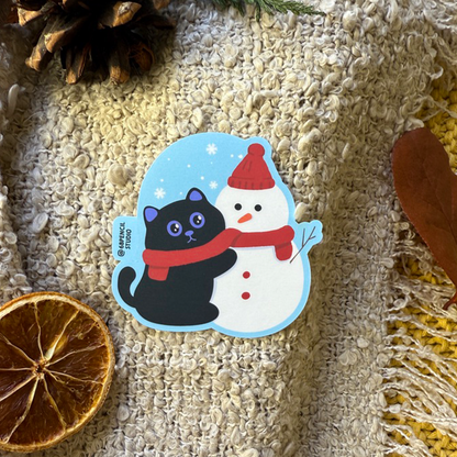 Tomo Cat - Chillin' with My Snow-Mate - Black Cat and Snowman Sticker