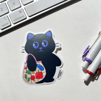 Tomo Cat - Adorable Cat with Grocery Bag Sticker - Black Cat Sticker