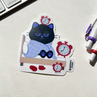 Tomo Cat - Monday Morning Snooze Cat Sticker  - Black Cat Sticker