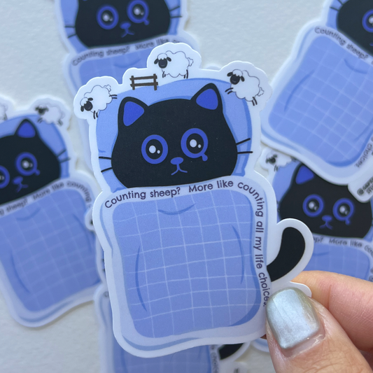 Tomo Cat - Insomnia Cat Sticker - Counting Sheep? More Like Counting All My Life Choices