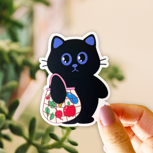 Tomo Cat - Adorable Cat with Grocery Bag Sticker - Black Cat Sticker