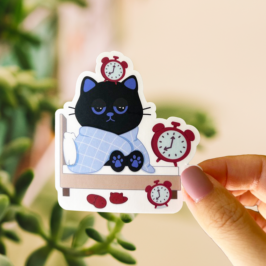 Tomo Cat - Monday Morning Snooze Cat Sticker  - Black Cat Sticker