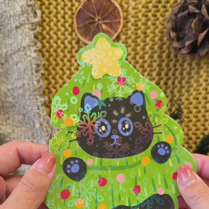 Black Cat Christmas Tree Folded Greeting Card with Envelope – Cute Holiday Postcard for Cat Lovers