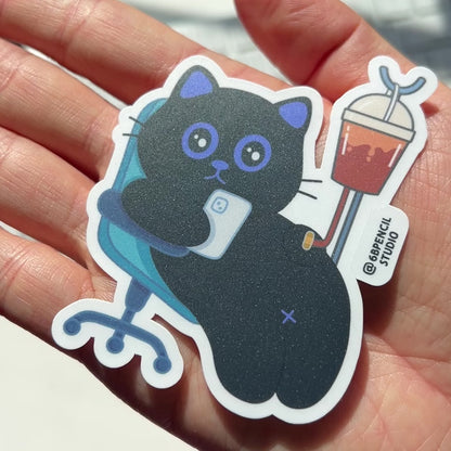 Tomo Cat - Caffeinated Cat IV Sticker - Coffee on the Go! - Lazy Black Cat Sticker