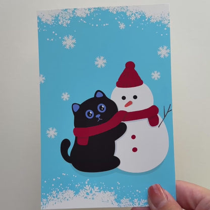 Black Cat and Snowman Christmas Postcard with Envelope – Cute Holiday Postcard for Cat Lovers