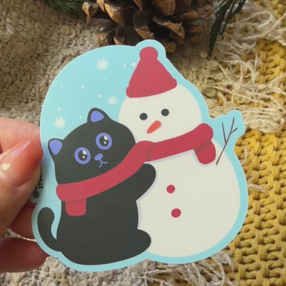 Tomo Cat - Chillin' with My Snow-Mate - Black Cat and Snowman Sticker